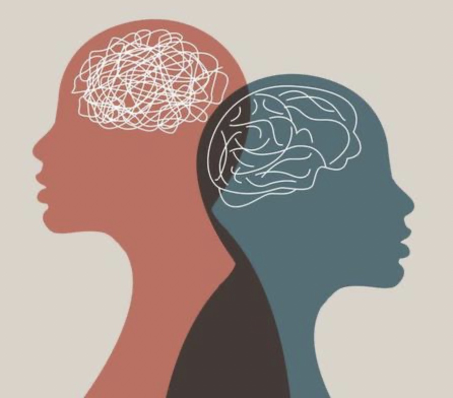 An illustration of two overlapping silhouettes. The red silhouette has a tangled scribble representing a chaotic or stressed mind, while the blue silhouette has an organized brain outline, symbolizing clarity and calm.